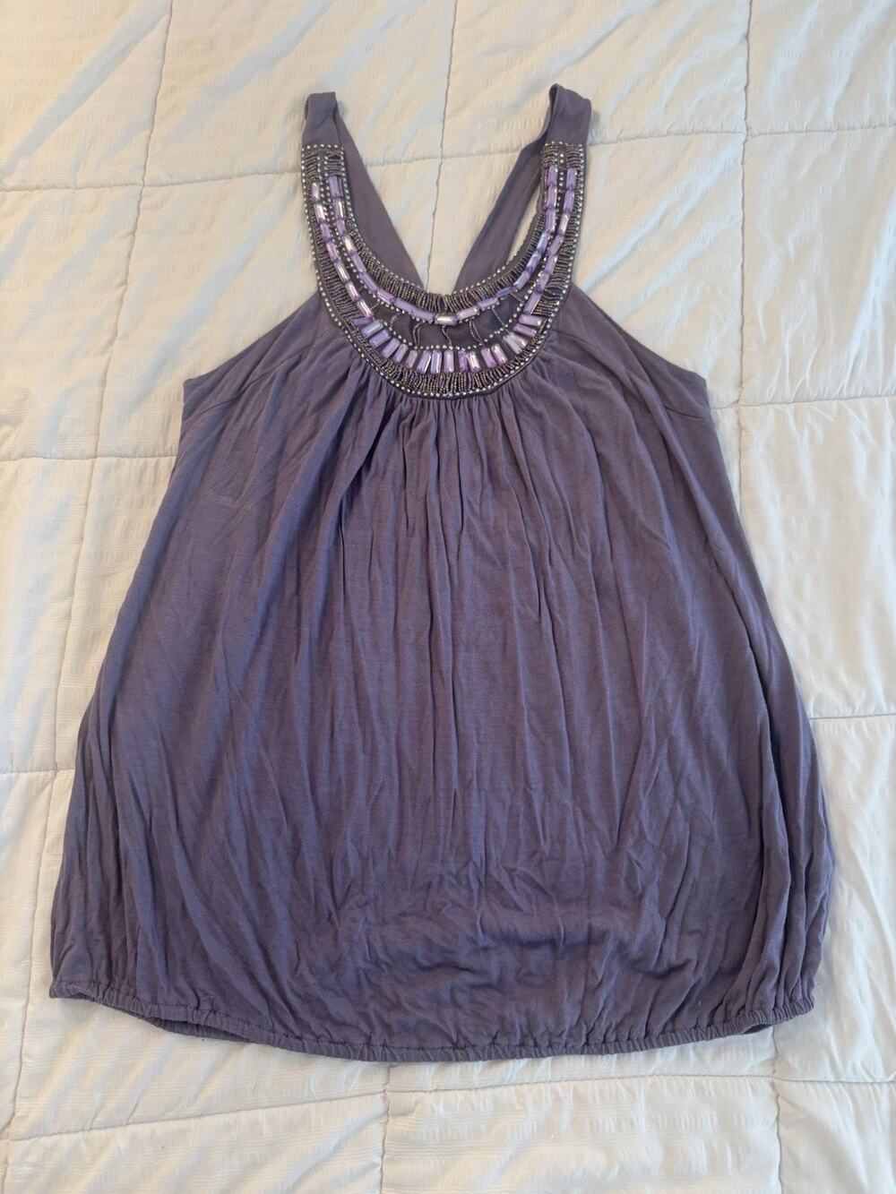 Akira Y2K Purple Tank Top Beaded Bubble Hem Embellished Medium 90s